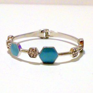 Silver Tone Aqua Blue Enamel and Rhinestone Hinged Bangle Bracelet